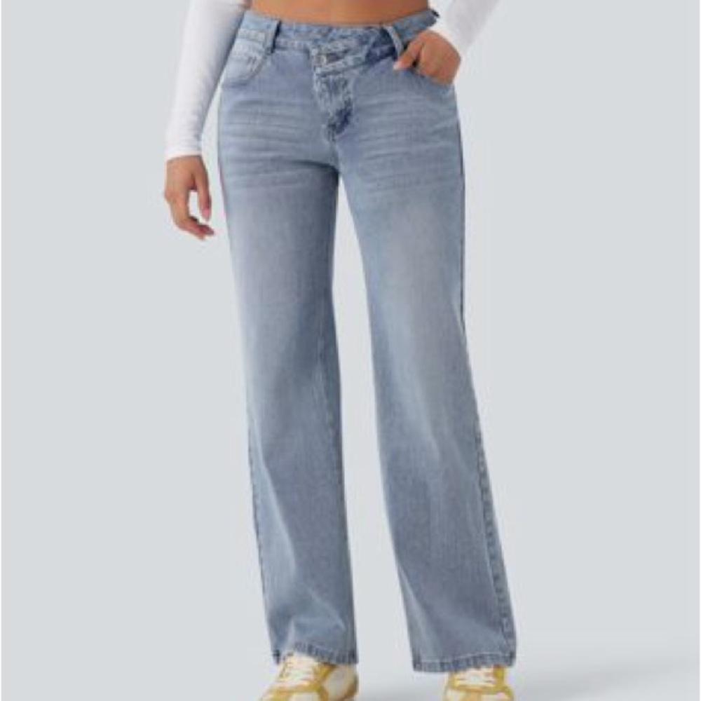Halara Flex Asymmetric Low Rise Straight Leg Casual Jeans with Pockets